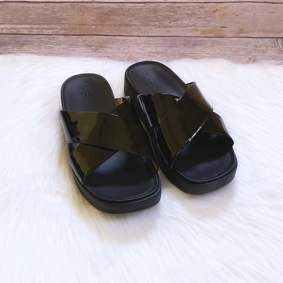 UGG Emily Patent Leather Black Slide Sandals - Picture 2 of 6